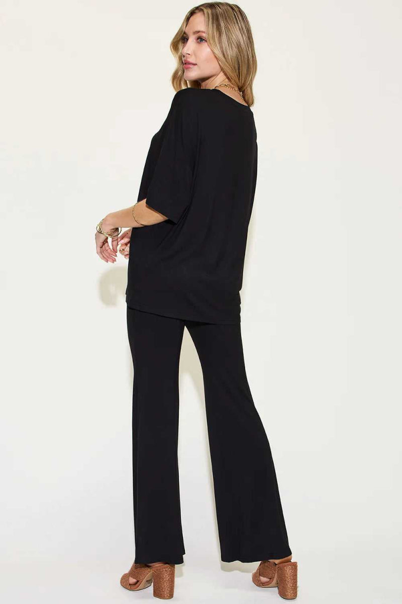 Basic Bae Full Size Bamboo Drop Shoulder T-Shirt and Flare Pants Set - Hopeford Streams
