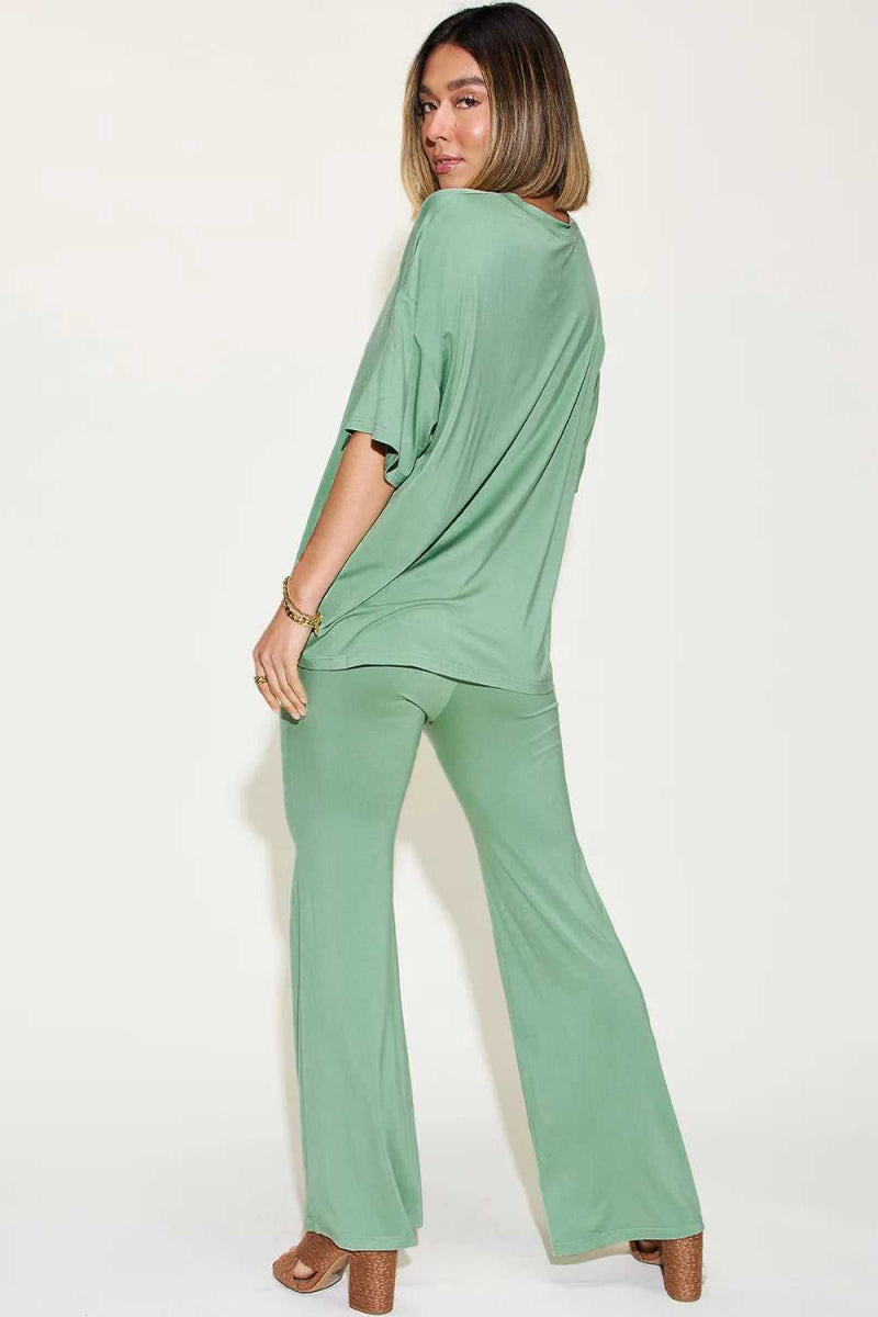 Basic Bae Full Size Bamboo Drop Shoulder T-Shirt and Flare Pants Set - Hopeford Streams