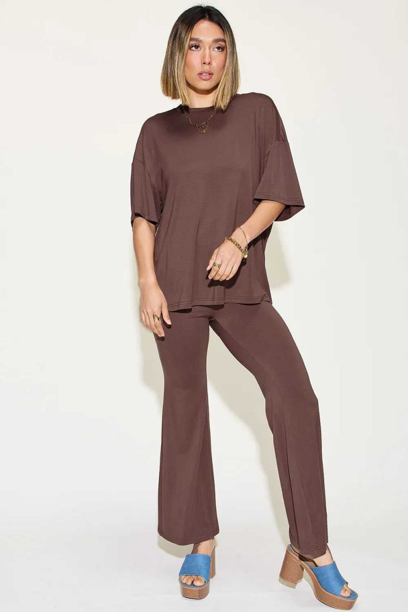 Basic Bae Full Size Bamboo Drop Shoulder T-Shirt and Flare Pants Set - Hopeford Streams