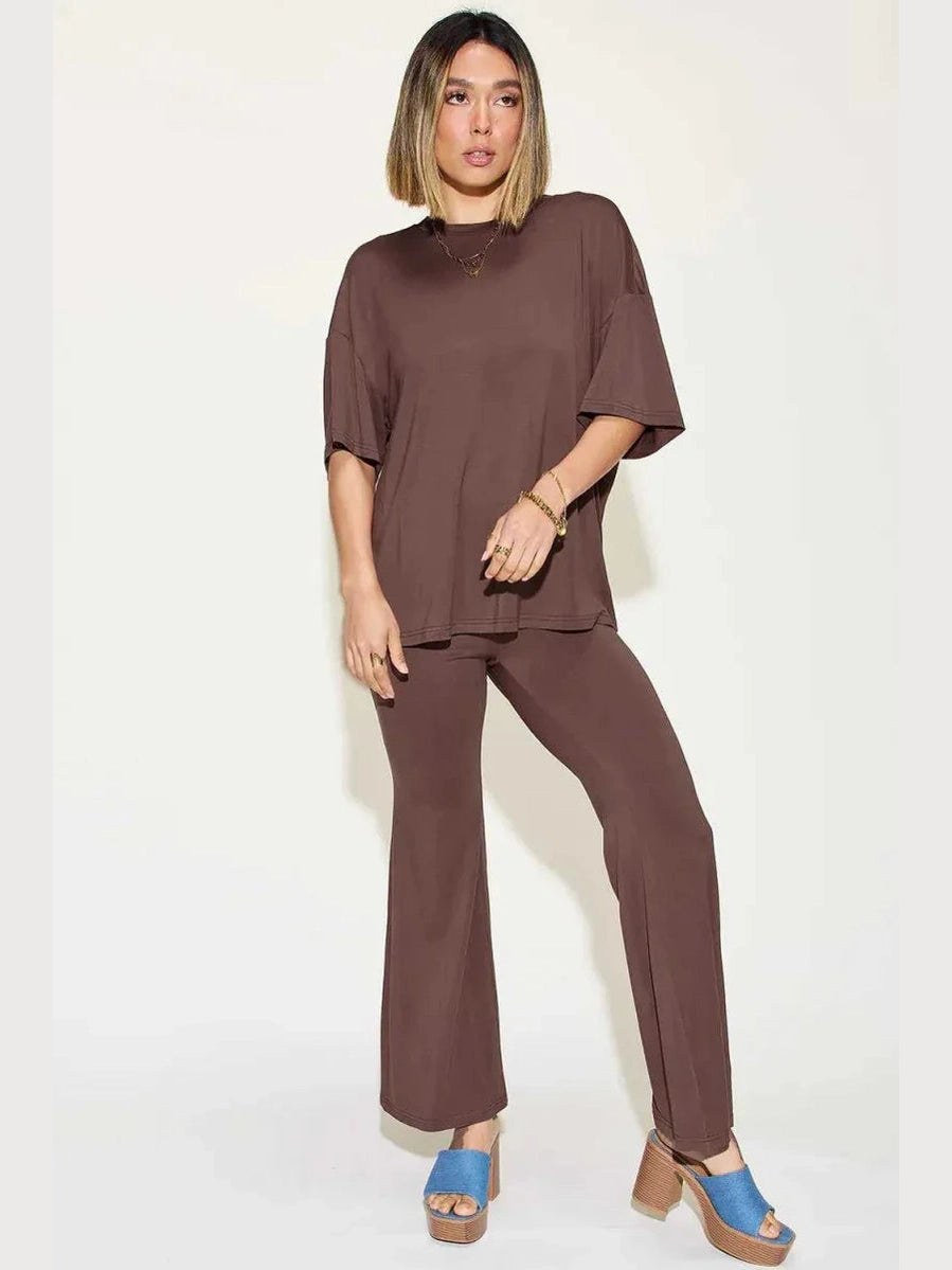 Basic Bae Full Size Bamboo Drop Shoulder T-Shirt and Flare Pants Set -- 