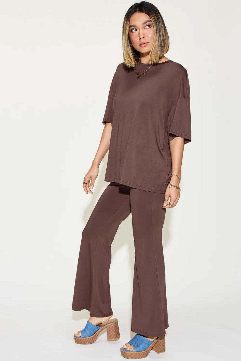 Basic Bae Full Size Bamboo Drop Shoulder T-Shirt and Flare Pants Set - Hopeford Streams