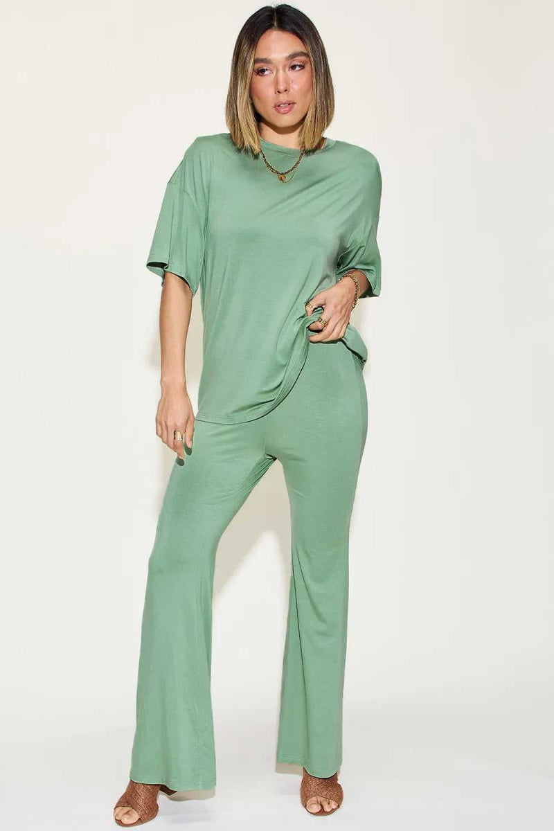Basic Bae Full Size Bamboo Drop Shoulder T-Shirt and Flare Pants Set - Hopeford Streams