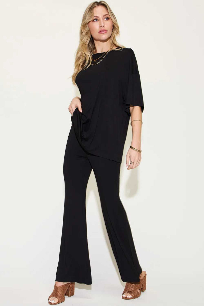 Basic Bae Full Size Bamboo Drop Shoulder T-Shirt and Flare Pants Set - Hopeford Streams