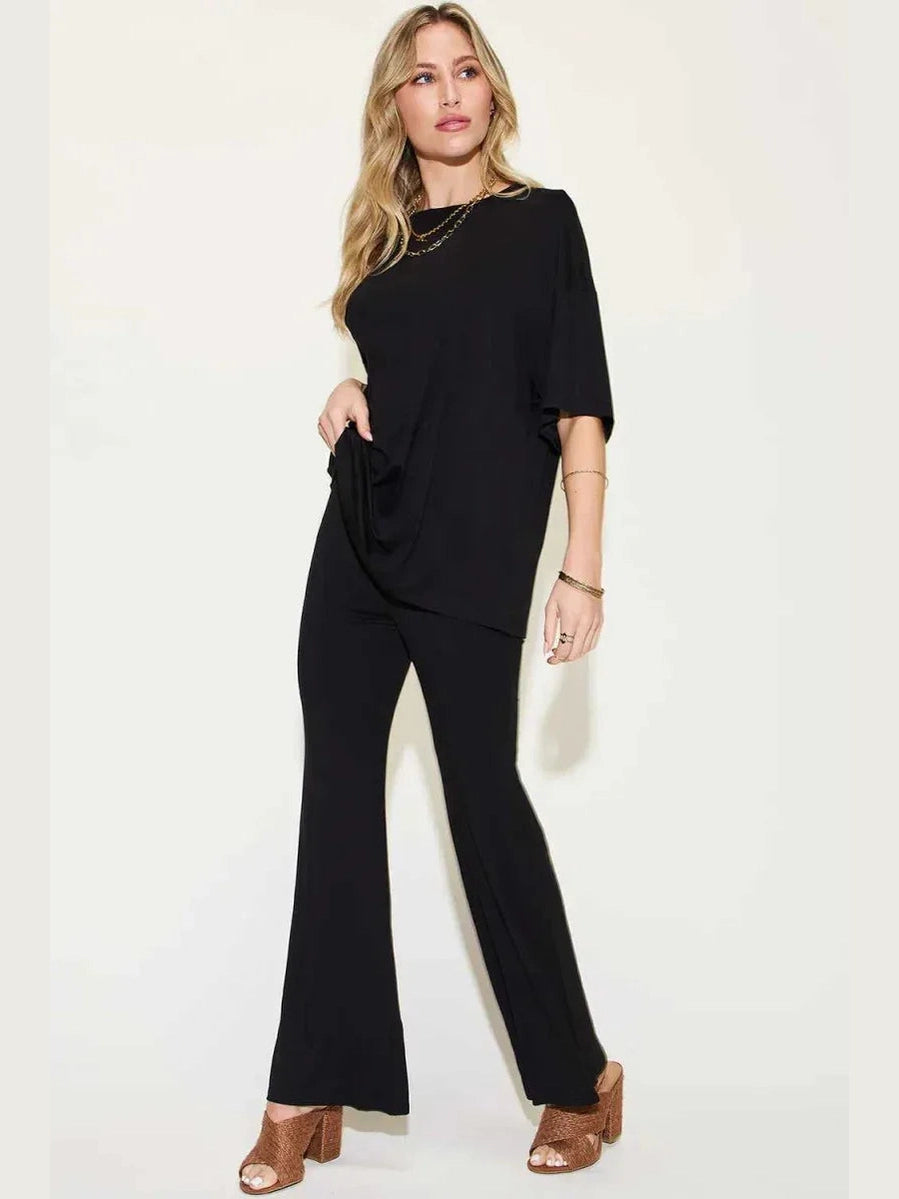 Basic Bae Full Size Bamboo Drop Shoulder T-Shirt and Flare Pants Set -- 