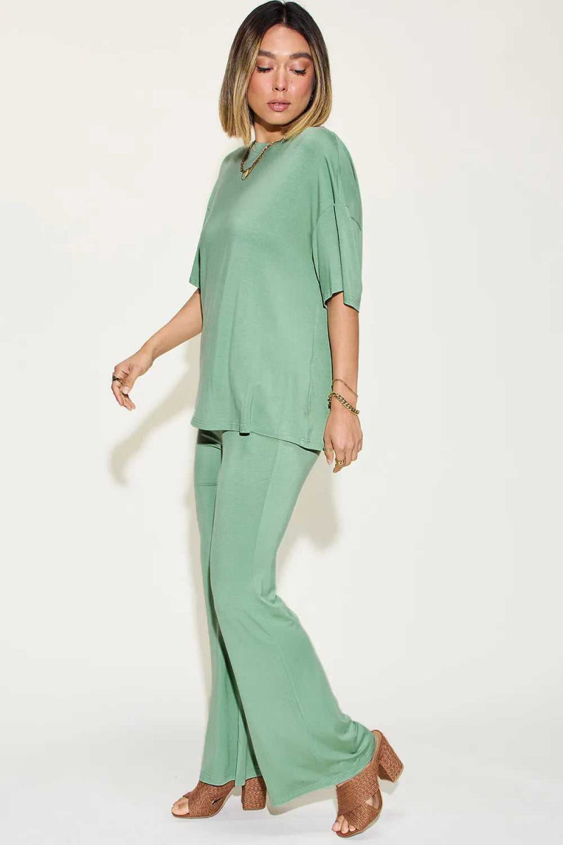 Basic Bae Full Size Bamboo Drop Shoulder T-Shirt and Flare Pants Set - Hopeford Streams