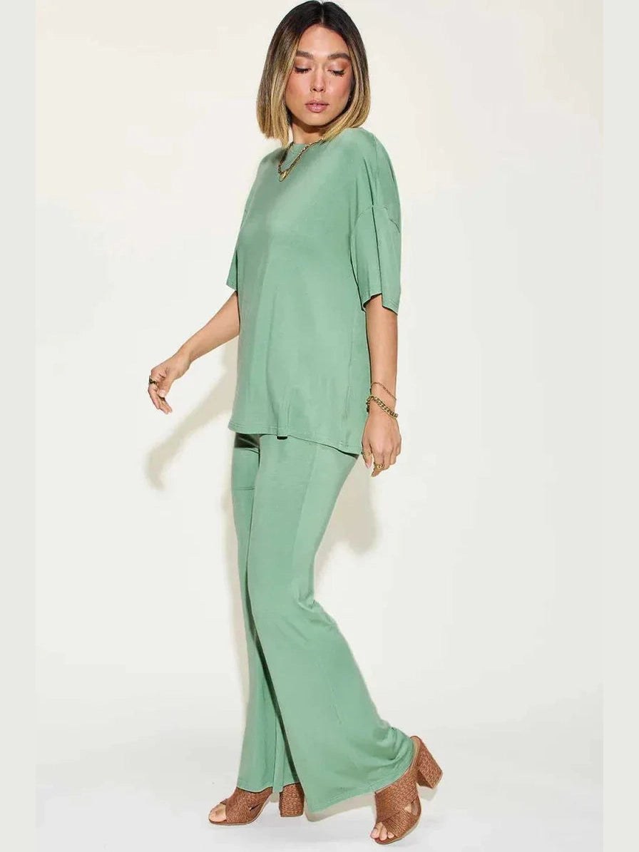 Basic Bae Full Size Bamboo Drop Shoulder T-Shirt and Flare Pants Set -- 