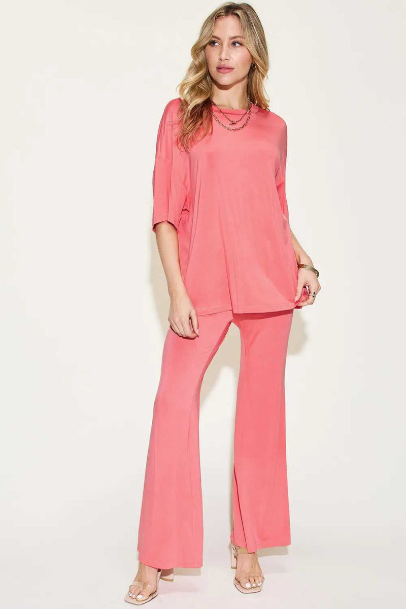 Basic Bae Full Size Bamboo Drop Shoulder T-Shirt and Flare Pants Set - Hopeford Streams