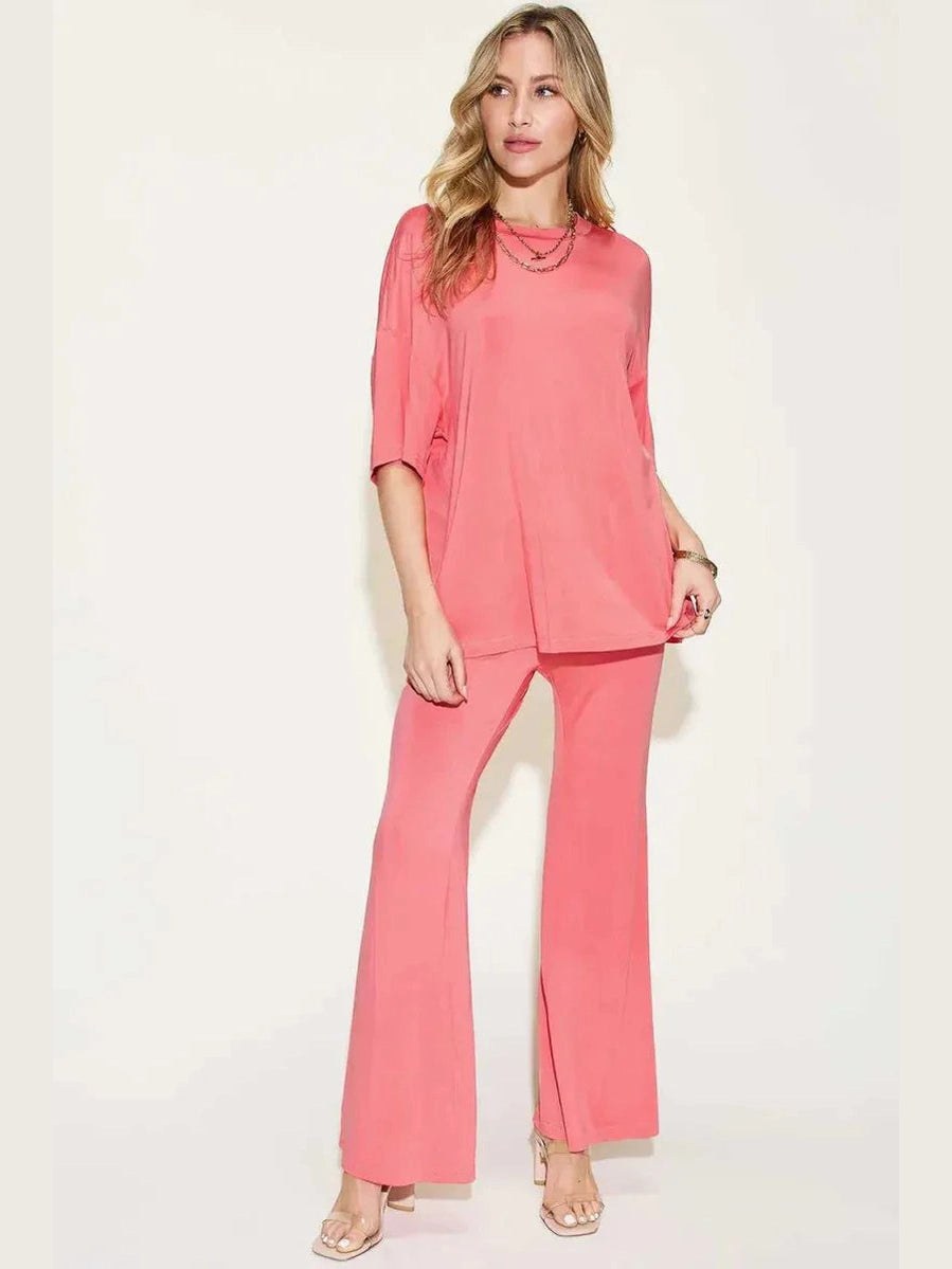 Basic Bae Full Size Bamboo Drop Shoulder T-Shirt and Flare Pants Set -- 