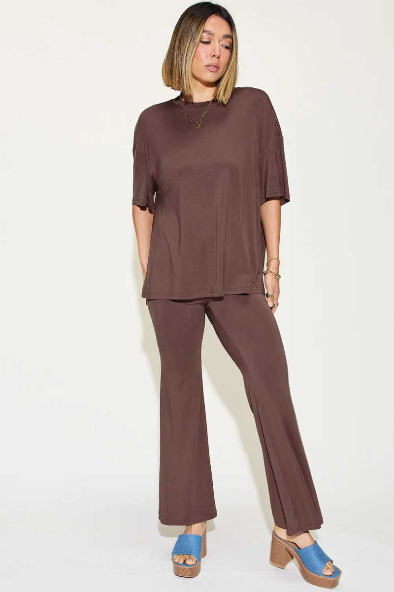 Basic Bae Full Size Bamboo Drop Shoulder T-Shirt and Flare Pants Set - Hopeford Streams