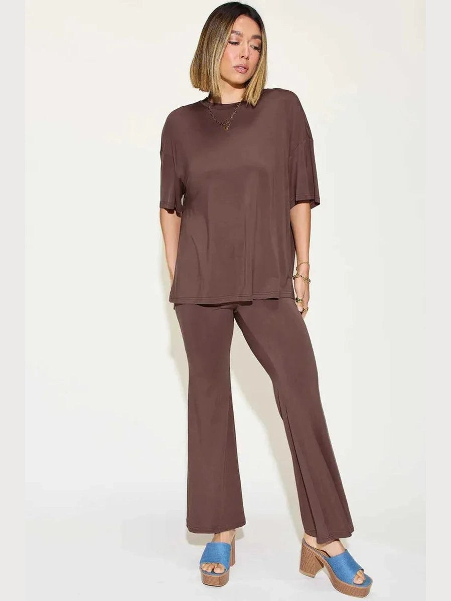 Basic Bae Full Size Bamboo Drop Shoulder T-Shirt and Flare Pants Set -- 