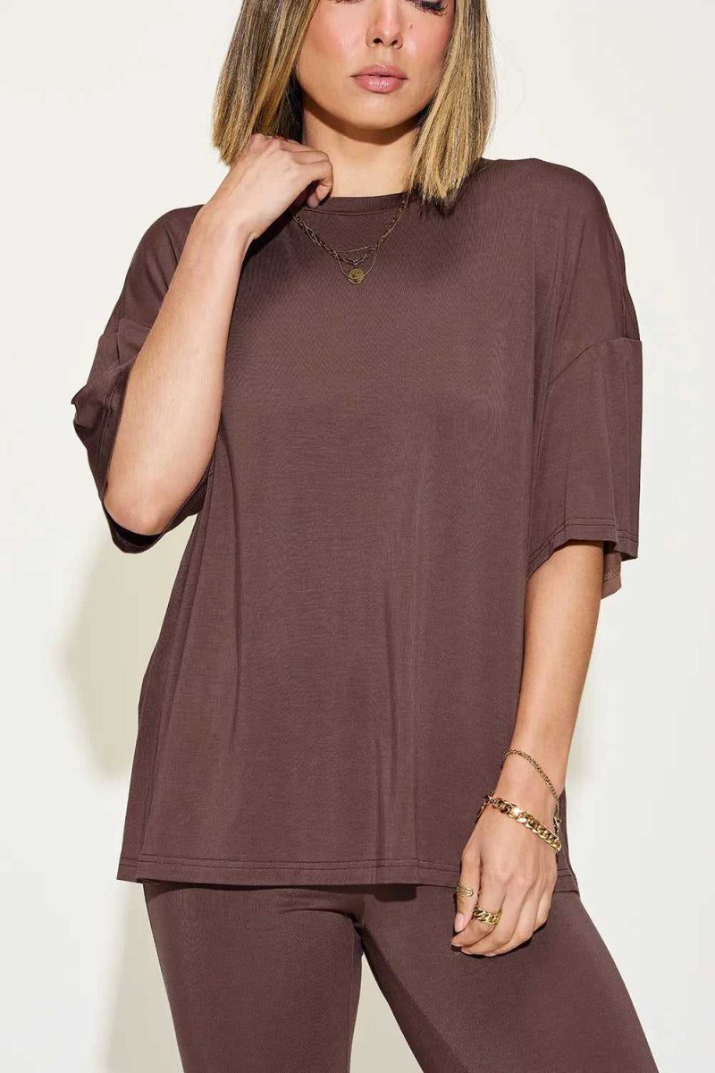 Basic Bae Full Size Bamboo Drop Shoulder T-Shirt and Flare Pants Set - Hopeford Streams