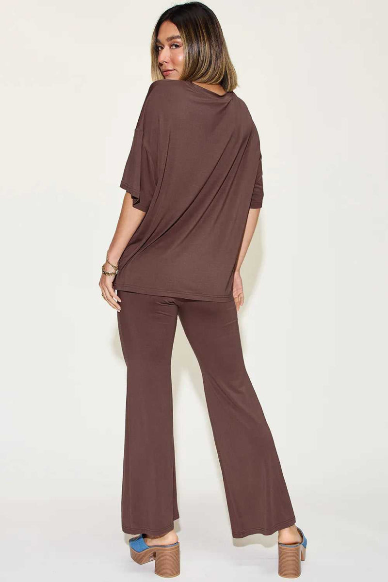 Basic Bae Full Size Bamboo Drop Shoulder T-Shirt and Flare Pants Set - Hopeford Streams