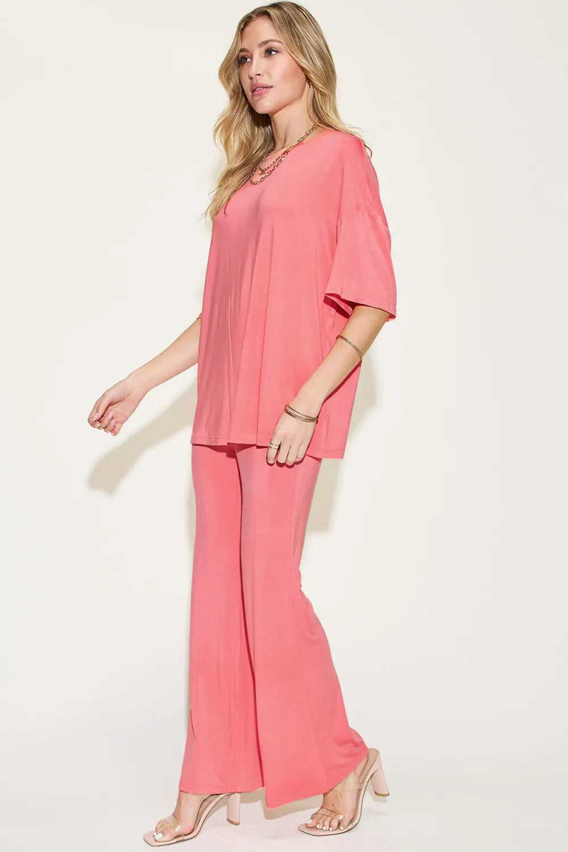 Basic Bae Full Size Bamboo Drop Shoulder T-Shirt and Flare Pants Set - Hopeford Streams
