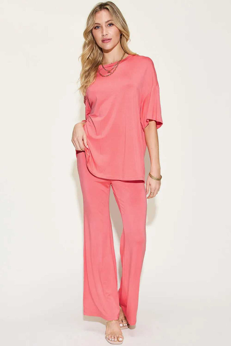 Basic Bae Full Size Bamboo Drop Shoulder T-Shirt and Flare Pants Set - Hopeford Streams