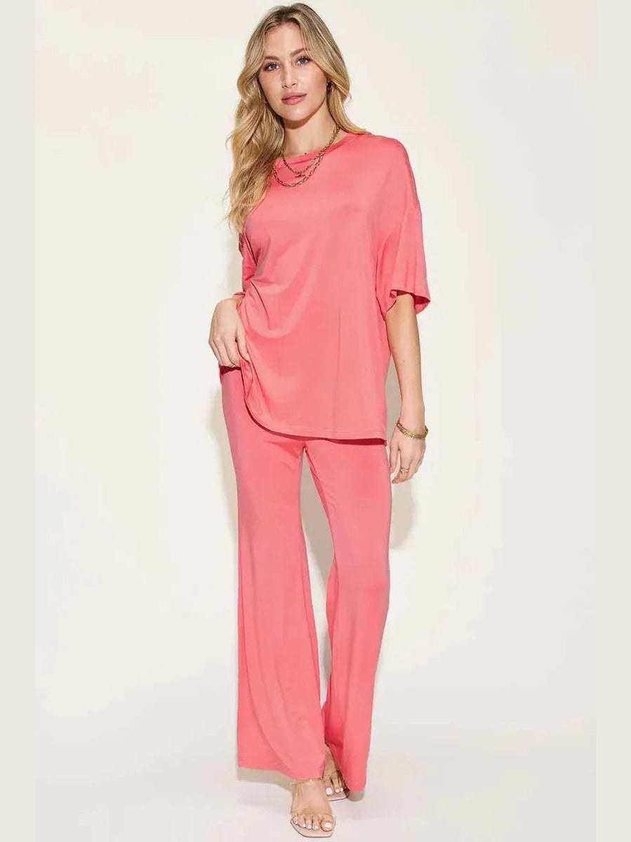 Basic Bae Full Size Bamboo Drop Shoulder T-Shirt and Flare Pants Set -- 