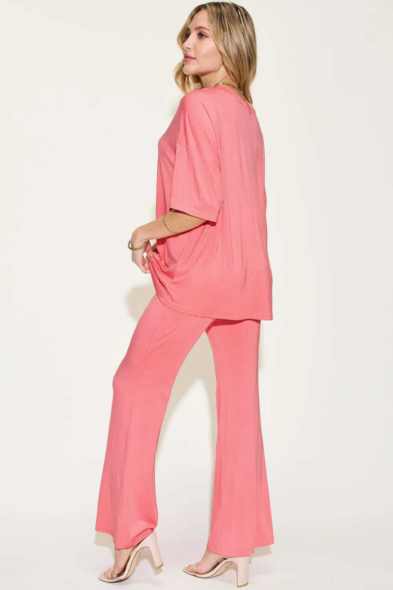 Basic Bae Full Size Bamboo Drop Shoulder T-Shirt and Flare Pants Set - Hopeford Streams