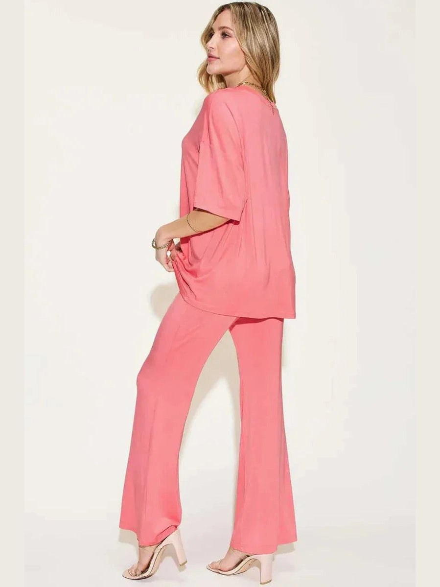 Basic Bae Full Size Bamboo Drop Shoulder T-Shirt and Flare Pants Set -- 