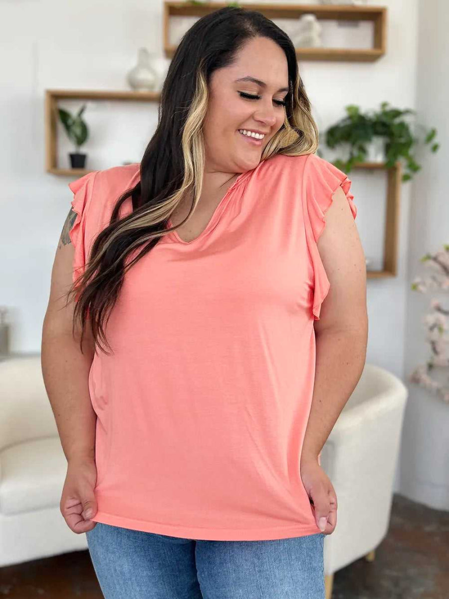 Basic Bae Full Size Bamboo Notched Ruffled Short Sleeve T-Shirt - Hopeford Streams