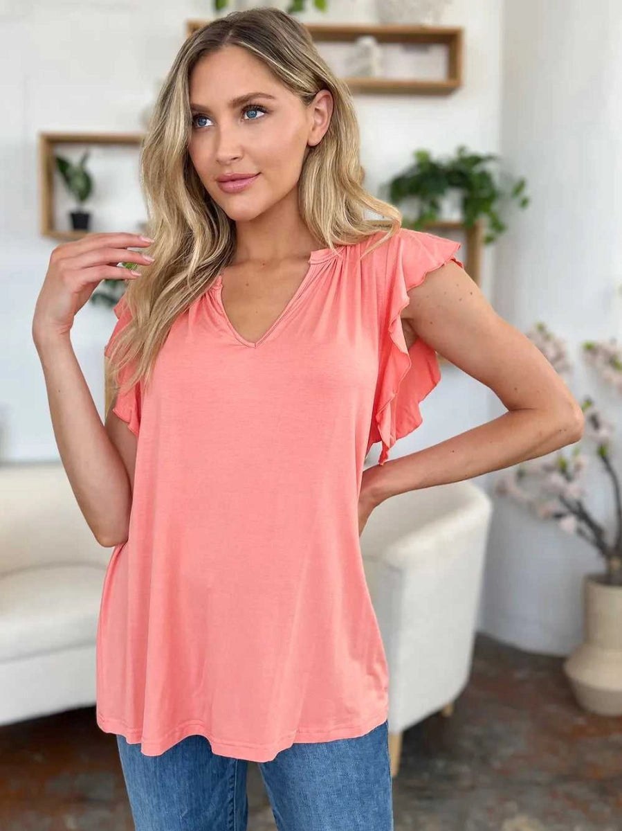 Basic Bae Full Size Bamboo Notched Ruffled Short Sleeve T-Shirt - Hopeford Streams - product_type from hopeford-streams.myshopify.com
