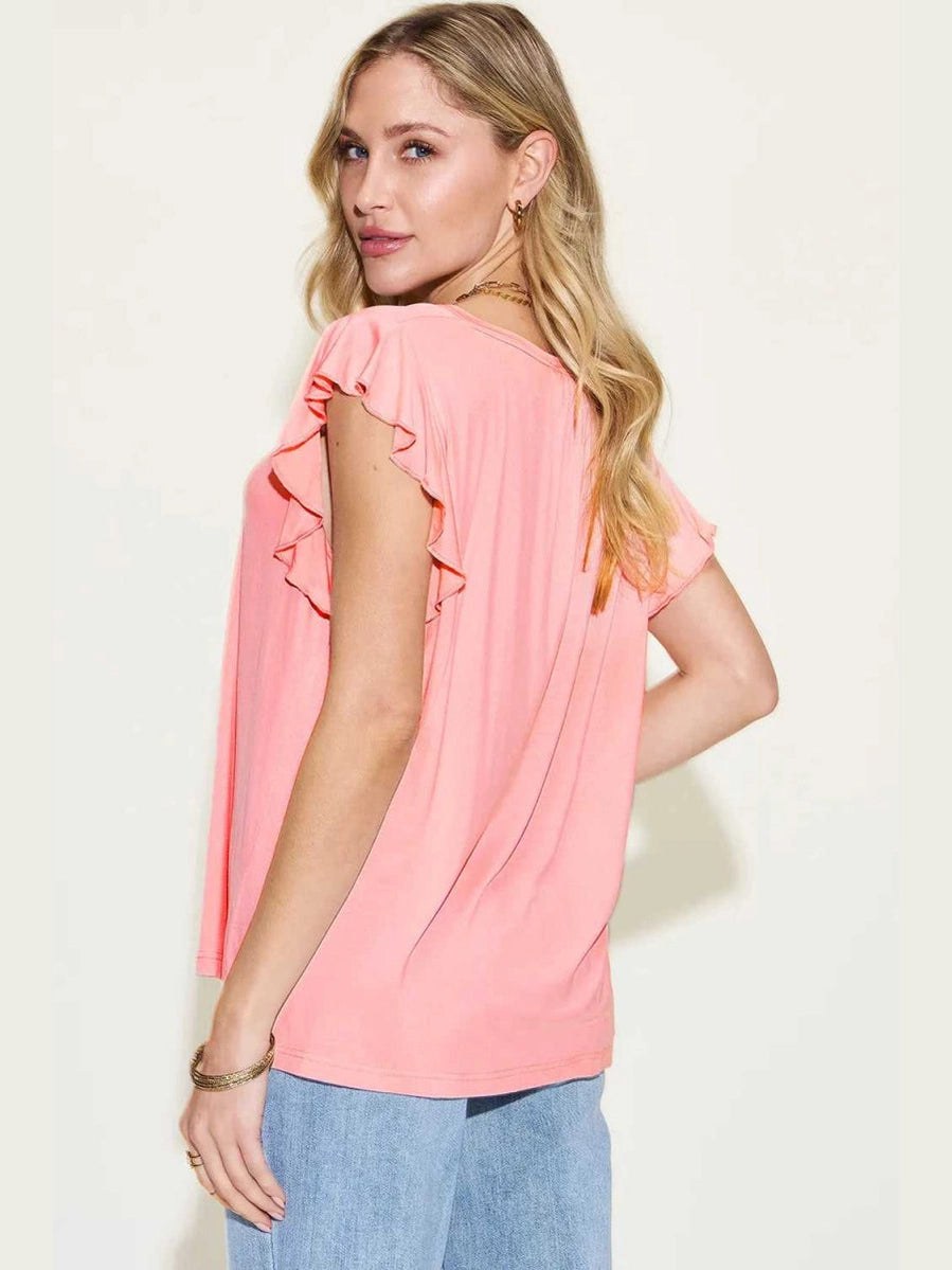 Basic Bae Full Size Bamboo Notched Ruffled Short Sleeve T-Shirt - Hopeford Streams