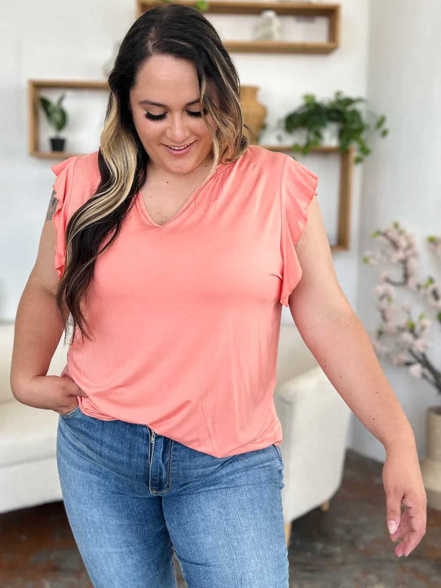 Basic Bae Full Size Bamboo Notched Ruffled Short Sleeve T-Shirt - Hopeford Streams