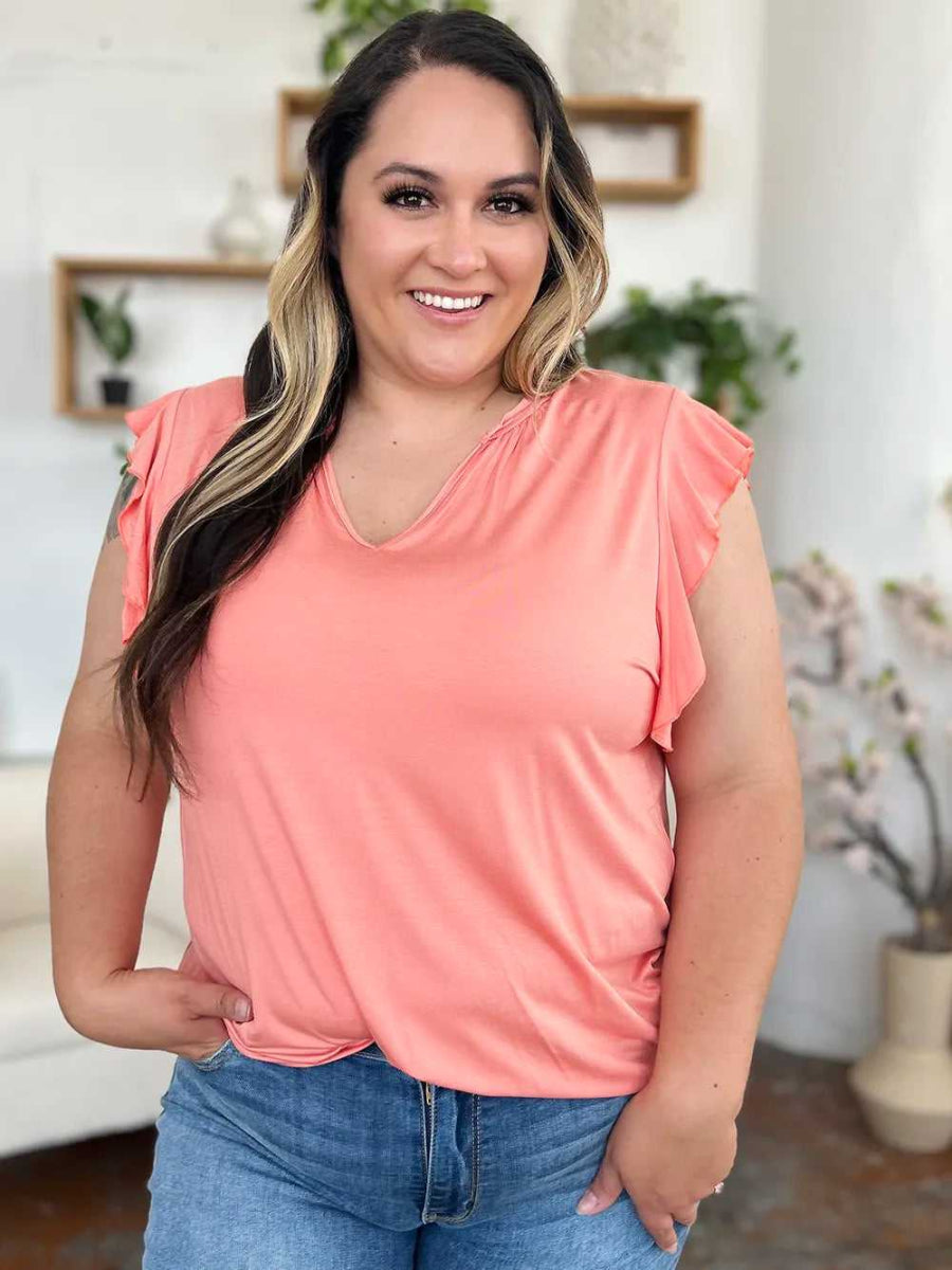 Basic Bae Full Size Bamboo Notched Ruffled Short Sleeve T-Shirt - Hopeford Streams