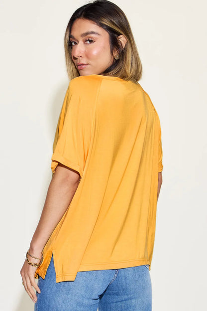 Basic Bae Full Size Bamboo Slit V - Neck Short Sleeve T-Shirt - Hopeford Streams