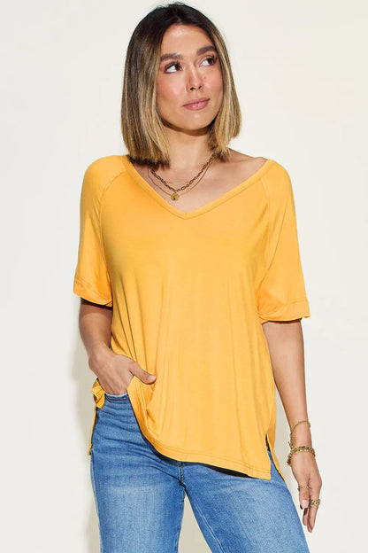 Basic Bae Full Size Bamboo Slit V - Neck Short Sleeve T-Shirt - Hopeford Streams