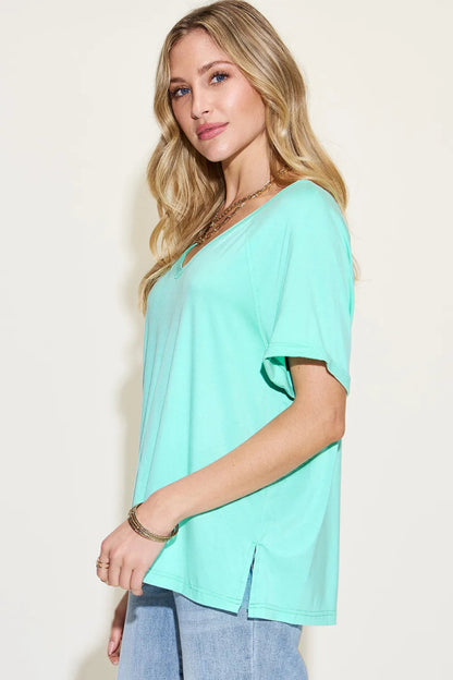 Basic Bae Full Size Bamboo Slit V - Neck Short Sleeve T-Shirt - Hopeford Streams