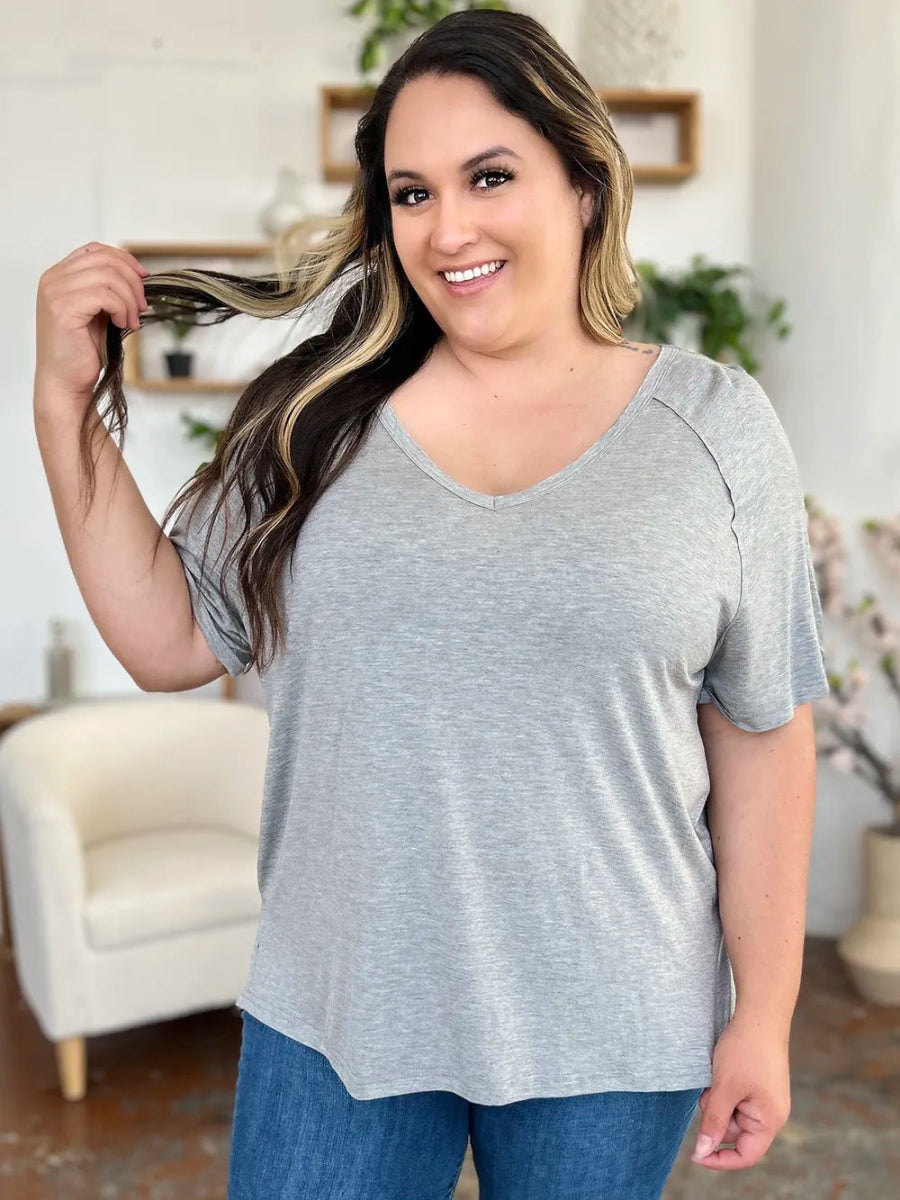 Basic Bae Full Size Bamboo Slit V - Neck Short Sleeve T-Shirt - Hopeford Streams