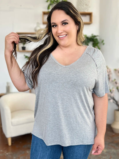 Basic Bae Full Size Bamboo Slit V - Neck Short Sleeve T-Shirt - Hopeford Streams