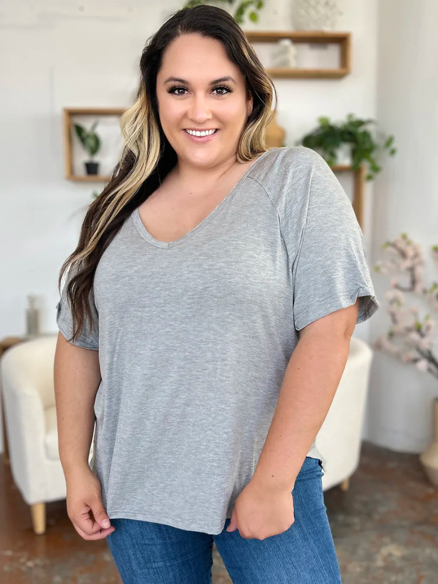 Basic Bae Full Size Bamboo Slit V - Neck Short Sleeve T-Shirt - Hopeford Streams
