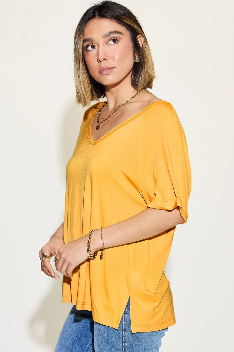 Basic Bae Full Size Bamboo Slit V - Neck Short Sleeve T-Shirt - Hopeford Streams