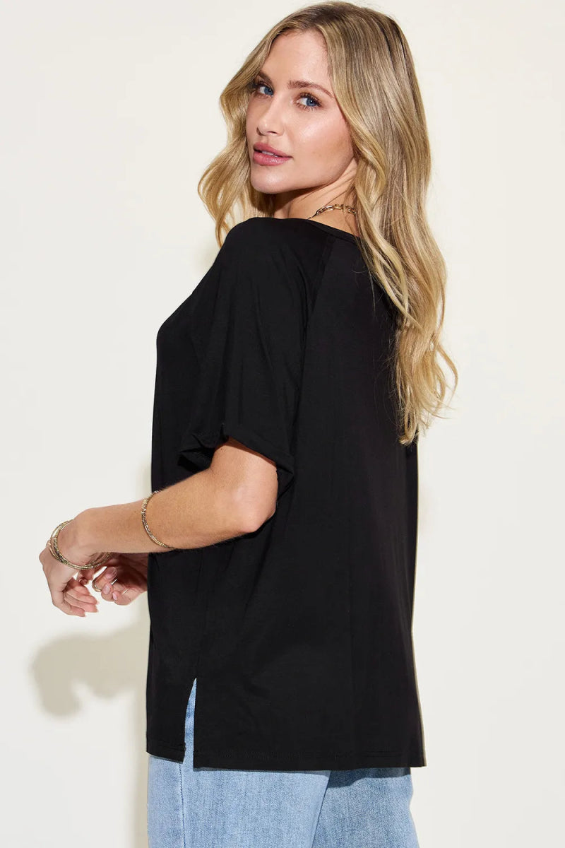 Basic Bae Full Size Bamboo Slit V - Neck Short Sleeve T-Shirt - Hopeford Streams