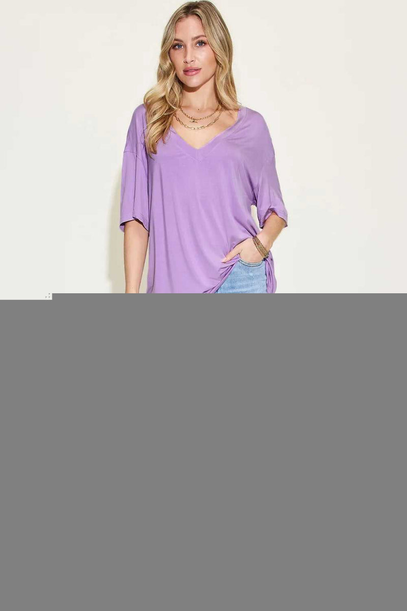 Basic Bae Full Size Bamboo V - Neck Drop Shoulder T-Shirt - Hopeford Streams