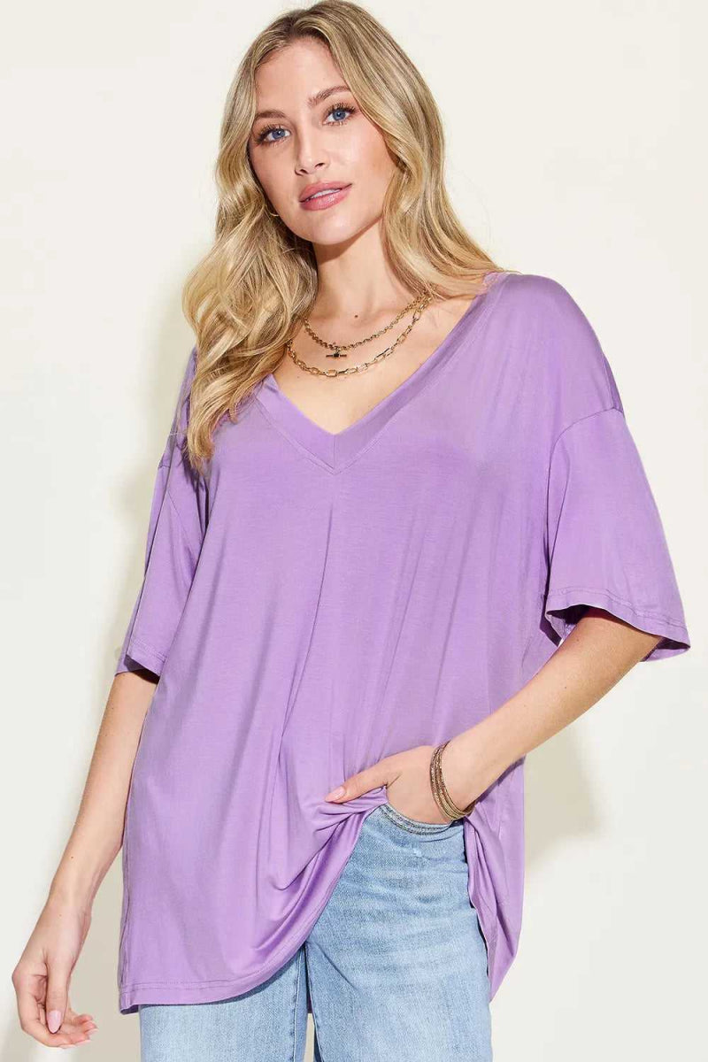 Basic Bae Full Size Bamboo V - Neck Drop Shoulder T-Shirt - Hopeford Streams