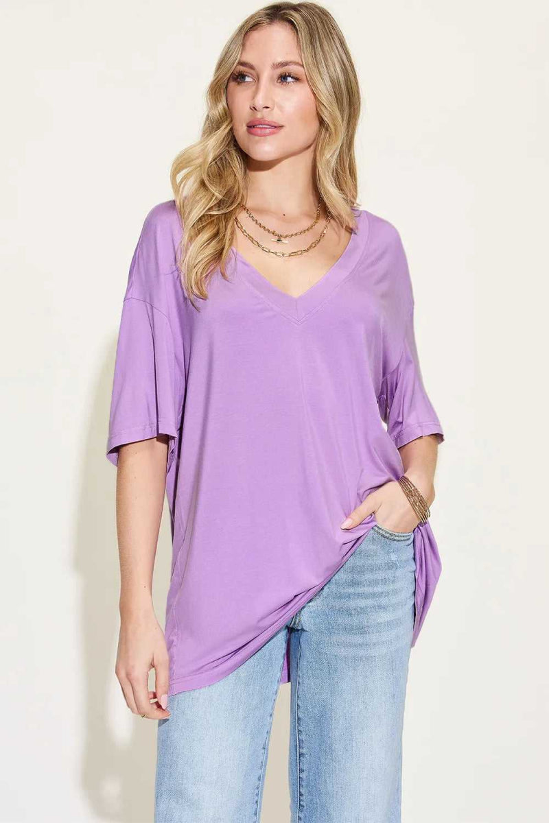 Basic Bae Full Size Bamboo V - Neck Drop Shoulder T-Shirt - Hopeford Streams