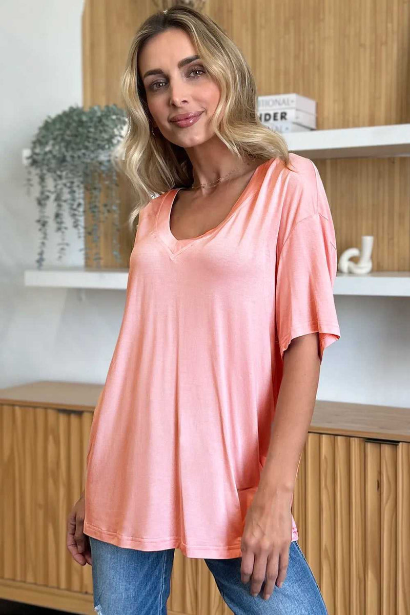 Basic Bae Full Size Bamboo V - Neck Drop Shoulder T-Shirt - Hopeford Streams