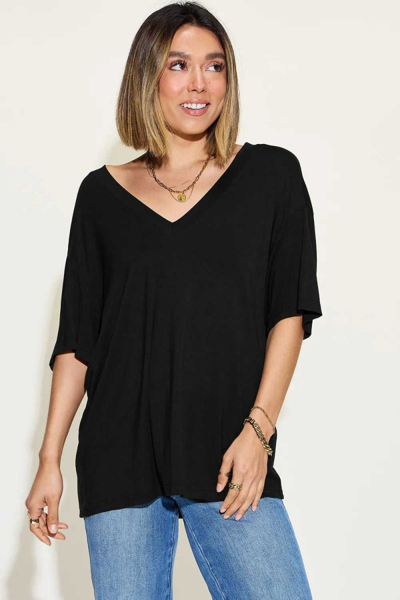 Basic Bae Full Size Bamboo V - Neck Drop Shoulder T-Shirt - Hopeford Streams