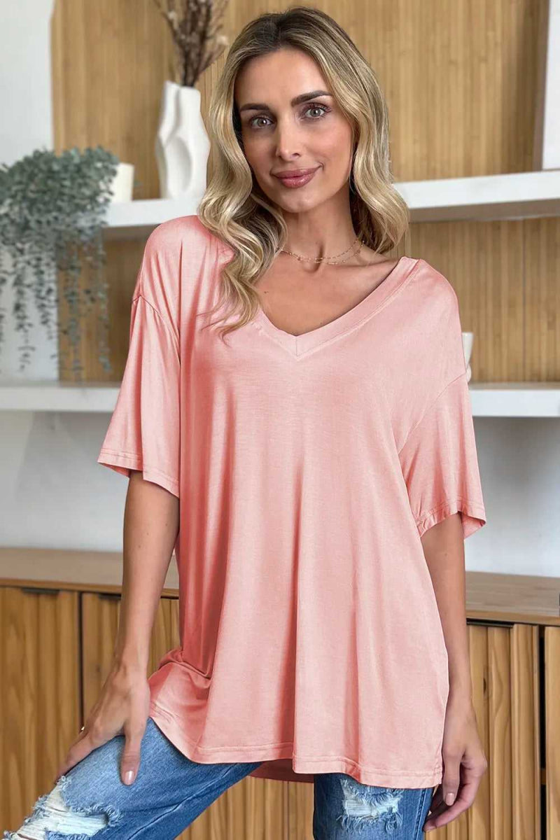 Basic Bae Full Size Bamboo V - Neck Drop Shoulder T-Shirt - Hopeford Streams