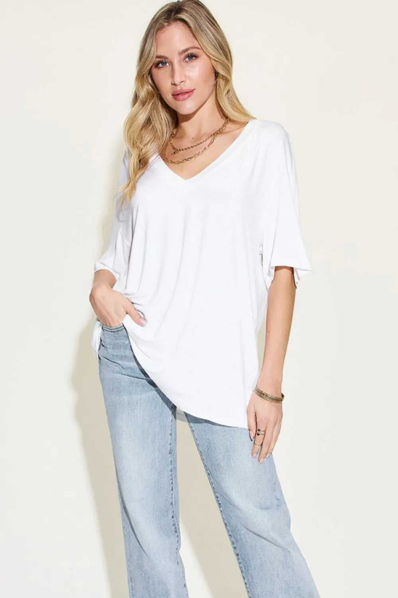 Basic Bae Full Size Bamboo V - Neck Drop Shoulder T-Shirt - Hopeford Streams