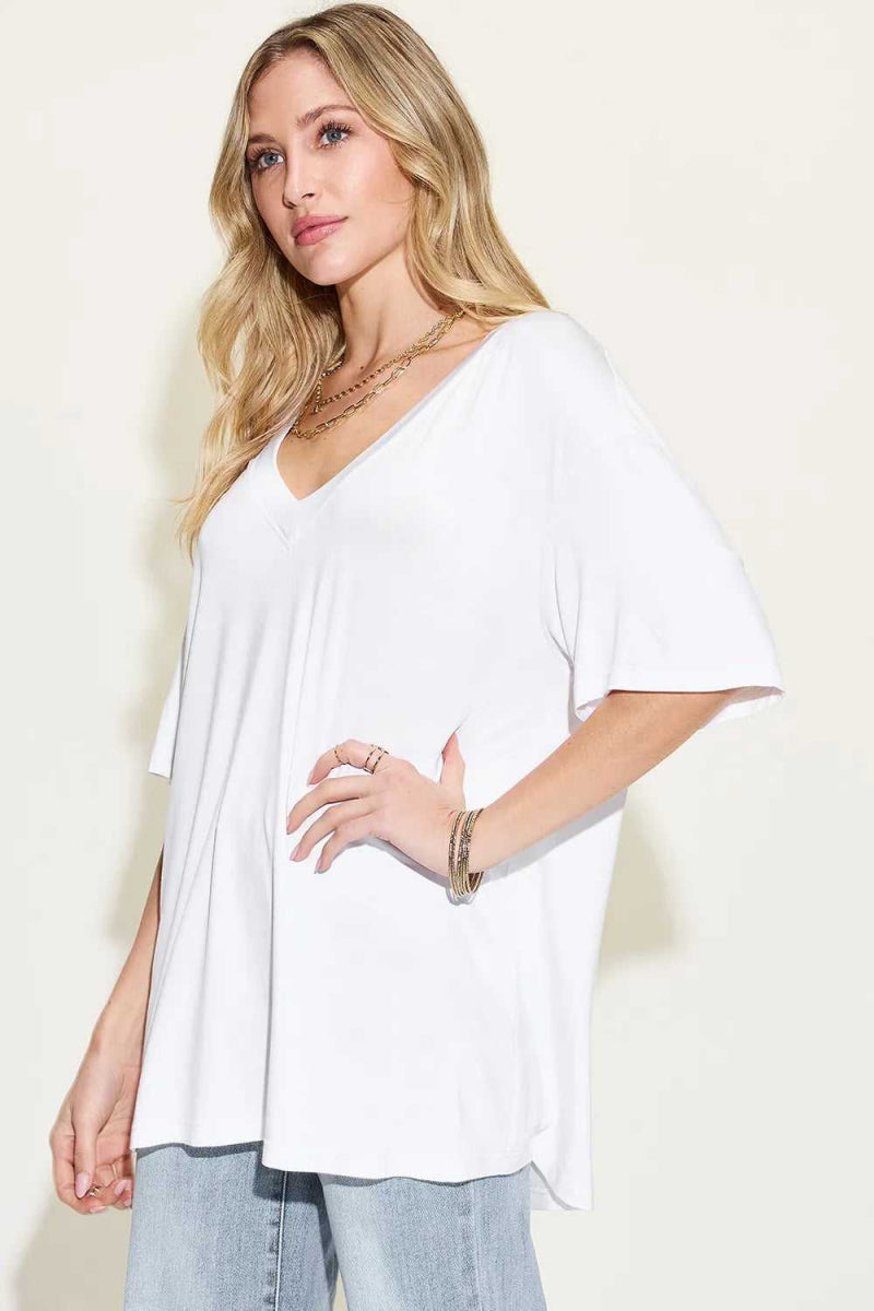 Basic Bae Full Size Bamboo V - Neck Drop Shoulder T-Shirt - Hopeford Streams