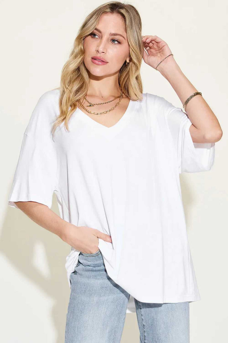 Basic Bae Full Size Bamboo V - Neck Drop Shoulder T-Shirt - Hopeford Streams