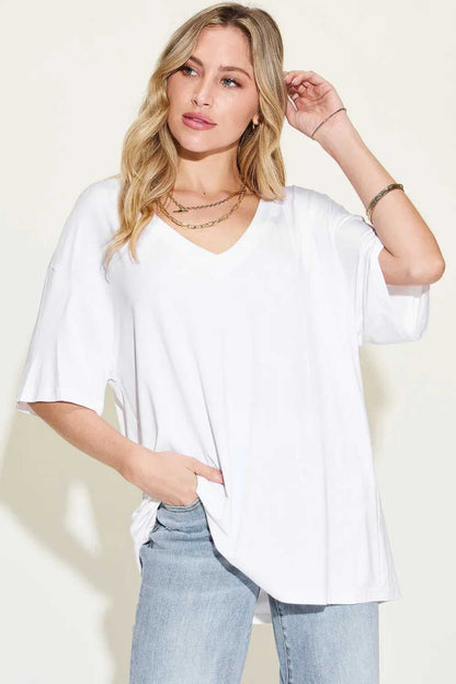 Basic Bae Full Size Bamboo V - Neck Drop Shoulder T-Shirt - Hopeford Streams