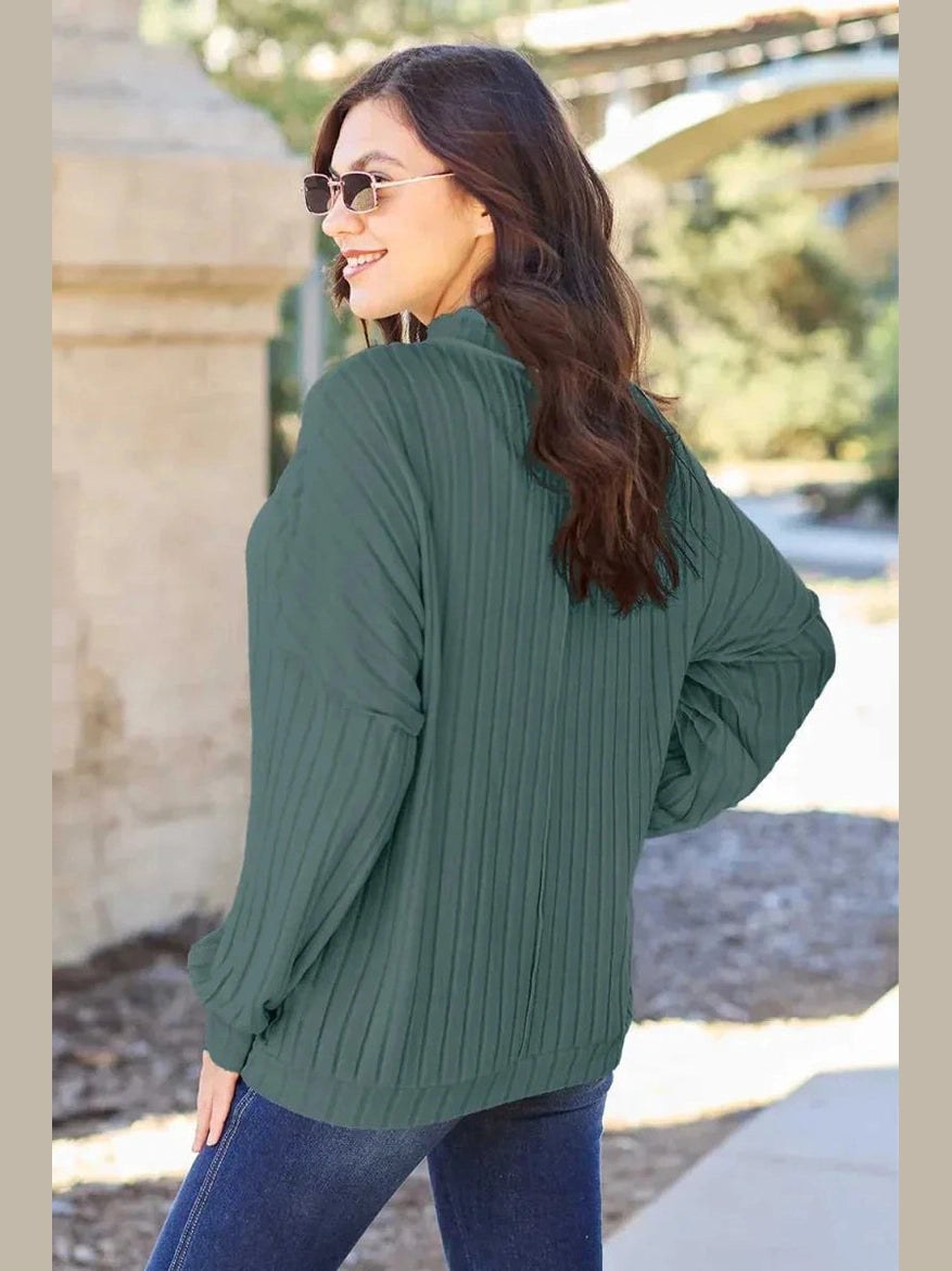 Basic Bae Full Size Ribbed Exposed Seam Mock Neck Knit Top -- 