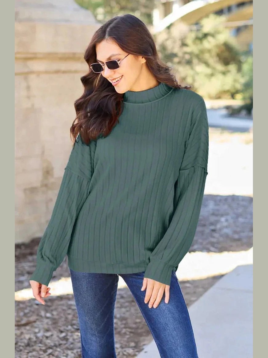 Basic Bae Full Size Ribbed Exposed Seam Mock Neck Knit Top -- 