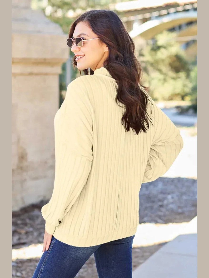 Basic Bae Full Size Ribbed Exposed Seam Mock Neck Knit Top -- 