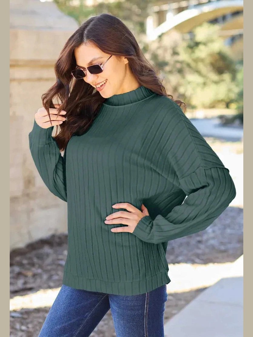 Basic Bae Full Size Ribbed Exposed Seam Mock Neck Knit Top -- 