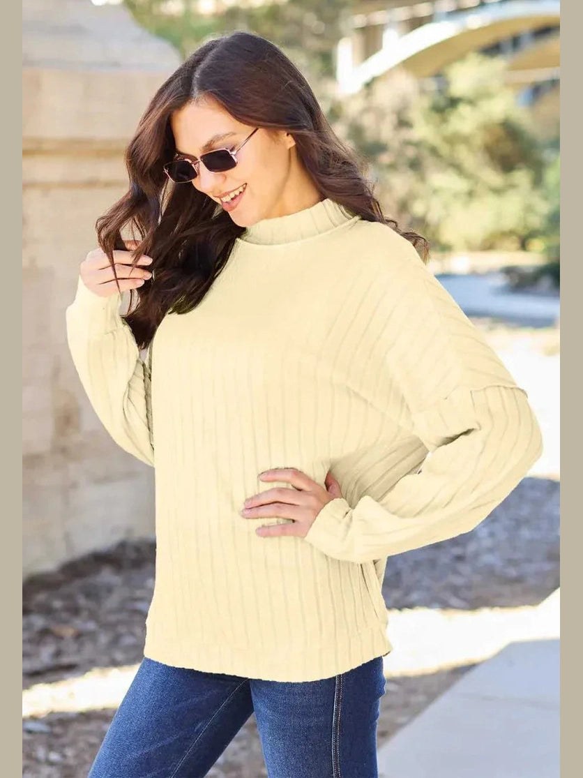 Basic Bae Full Size Ribbed Exposed Seam Mock Neck Knit Top -- 