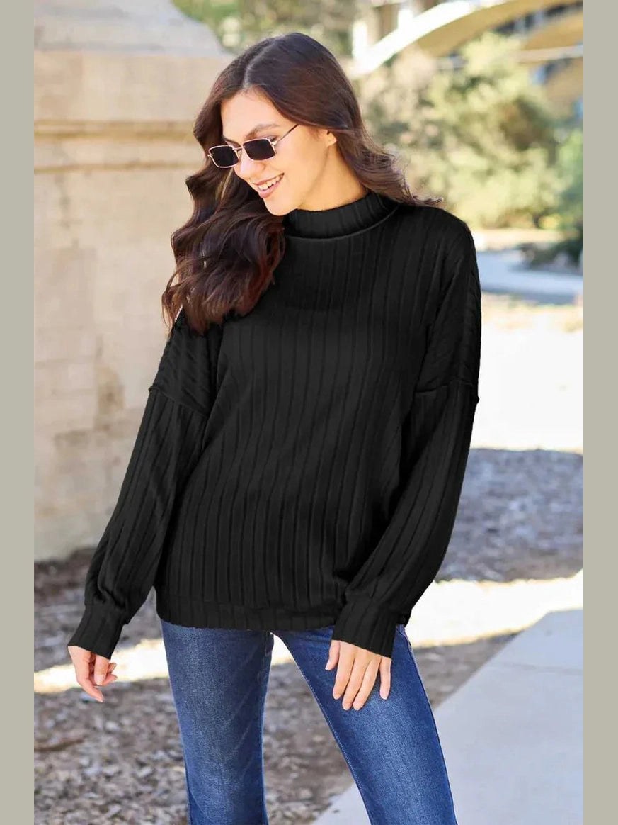 Basic Bae Full Size Ribbed Exposed Seam Mock Neck Knit Top -- 